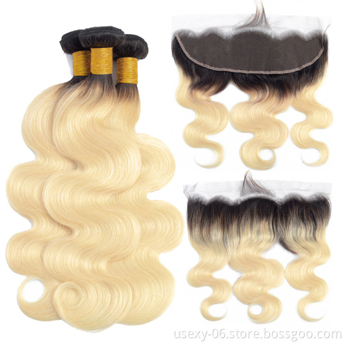 Cuticle Aligned Raw Virgin Straight Ombre 1B 613 Blonde Human Hair Bundles With Frontal